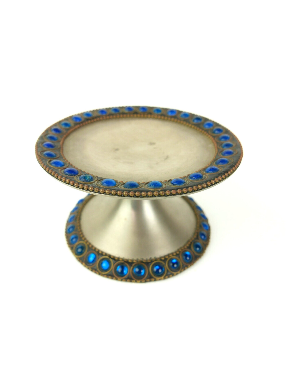 Vintage Pier 1 Imports Silver Tone Pedestal Pillar Candle Holder Blue Bead Trim